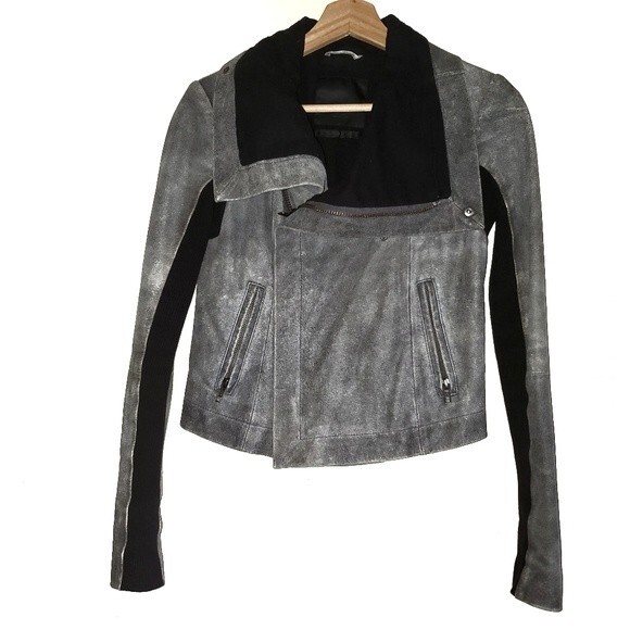 VEDA NYC Gray Black Suede Leather Funnel Neck Crop Jacket Small - Picture 2 of 15
